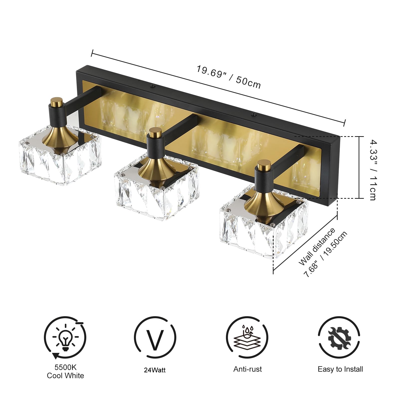 Bicrink 3-Light Bathroom Light Fixtures Over Mirror, Dimmable LED Bathroom Vanity Light with Crystal Shade, Black and Gold Modern Wall Sconce Light, Bathroom Lighting Fixtures Over Mirror, Bath Lamp