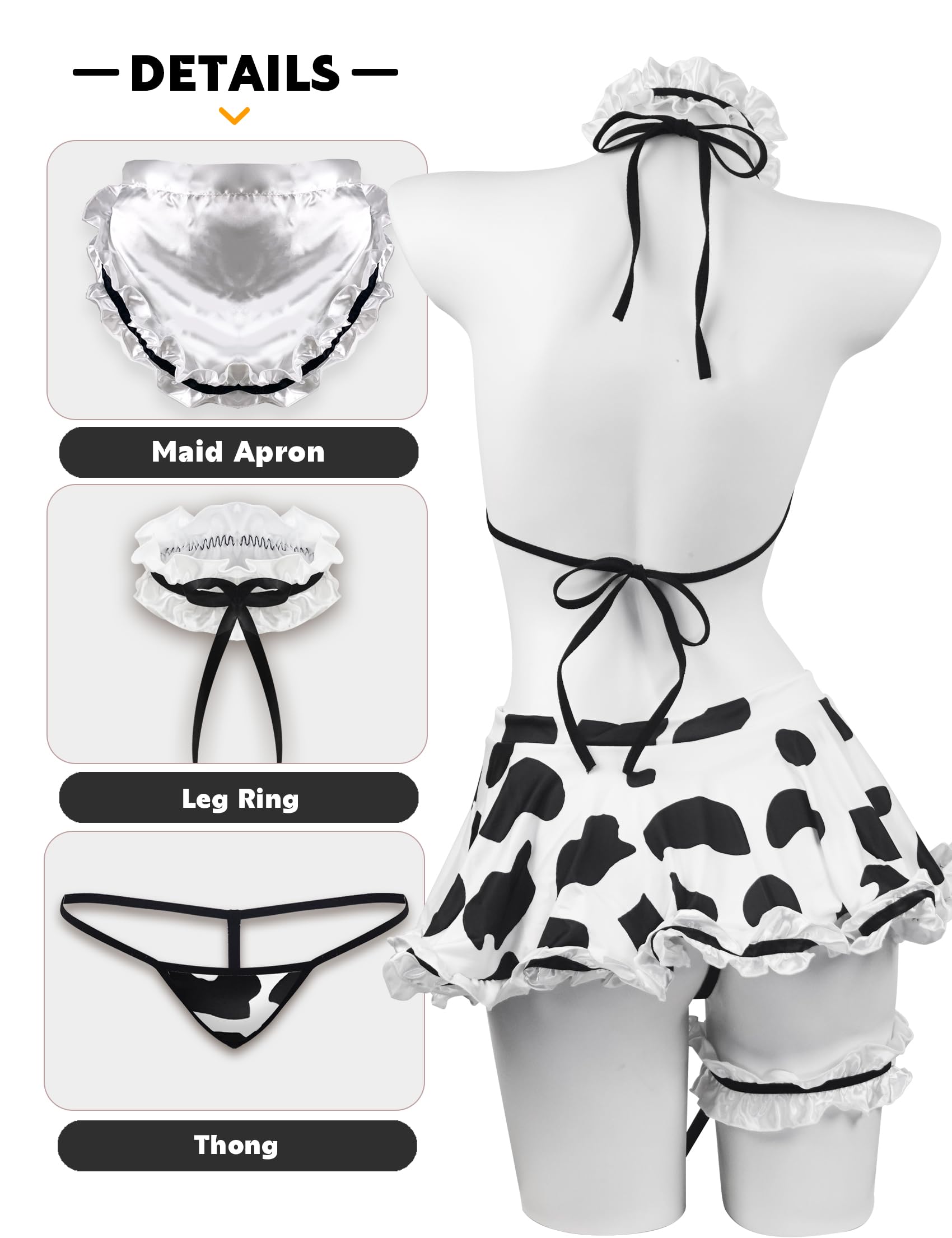 paloli Sexy Cow Lingerie for Women, Roleplay Lingerie, Classic Cow Print Milk-Silk Fabric with Accessories, Maid Outfit French Maid Costume