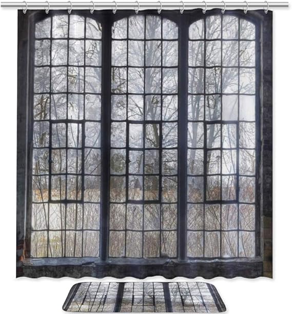 Juego de cortina de ducha y esterilla para baño, diseño de ventana con