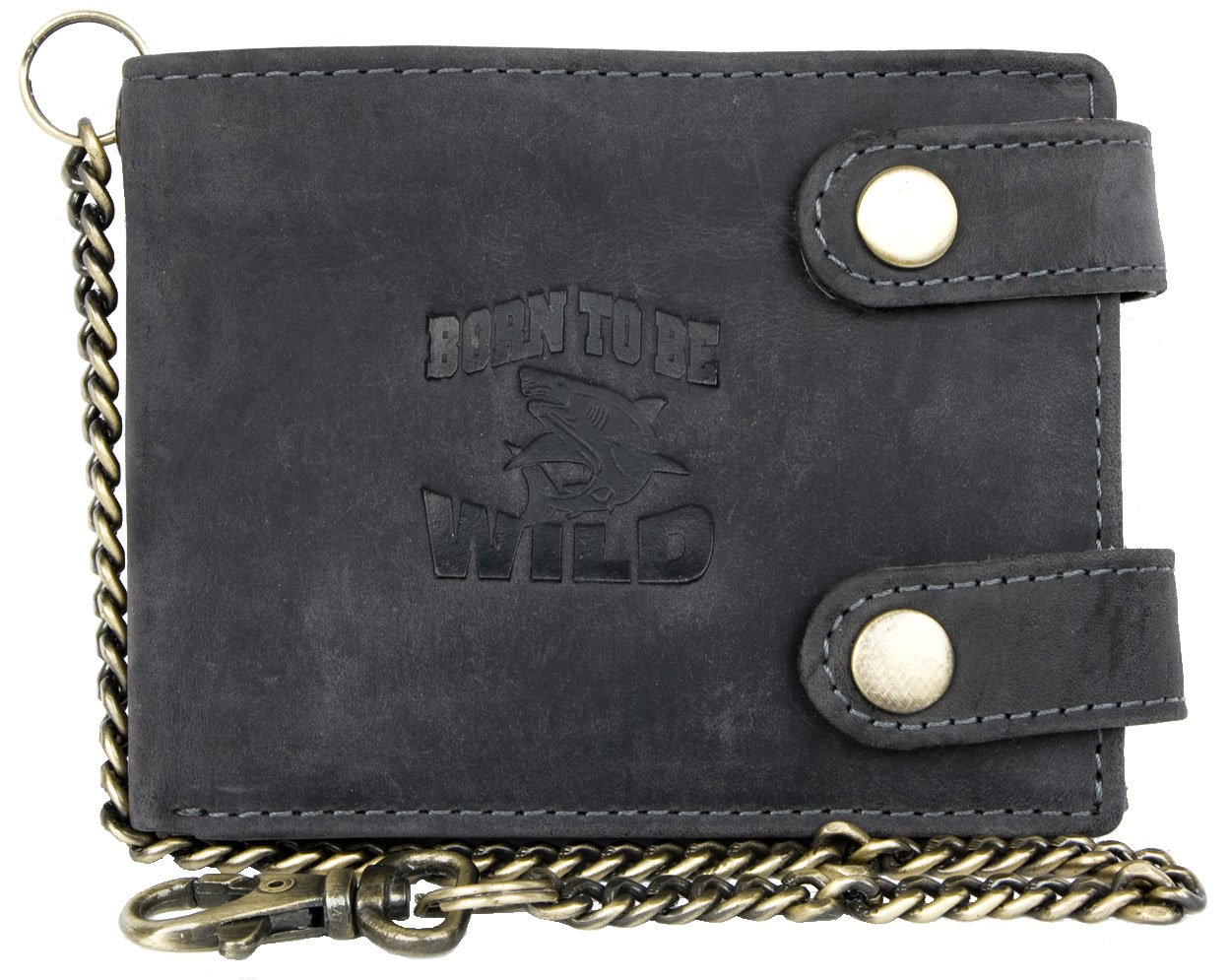 Born to be wild Men's dark grey genuine leather wallet with a chain with a shark