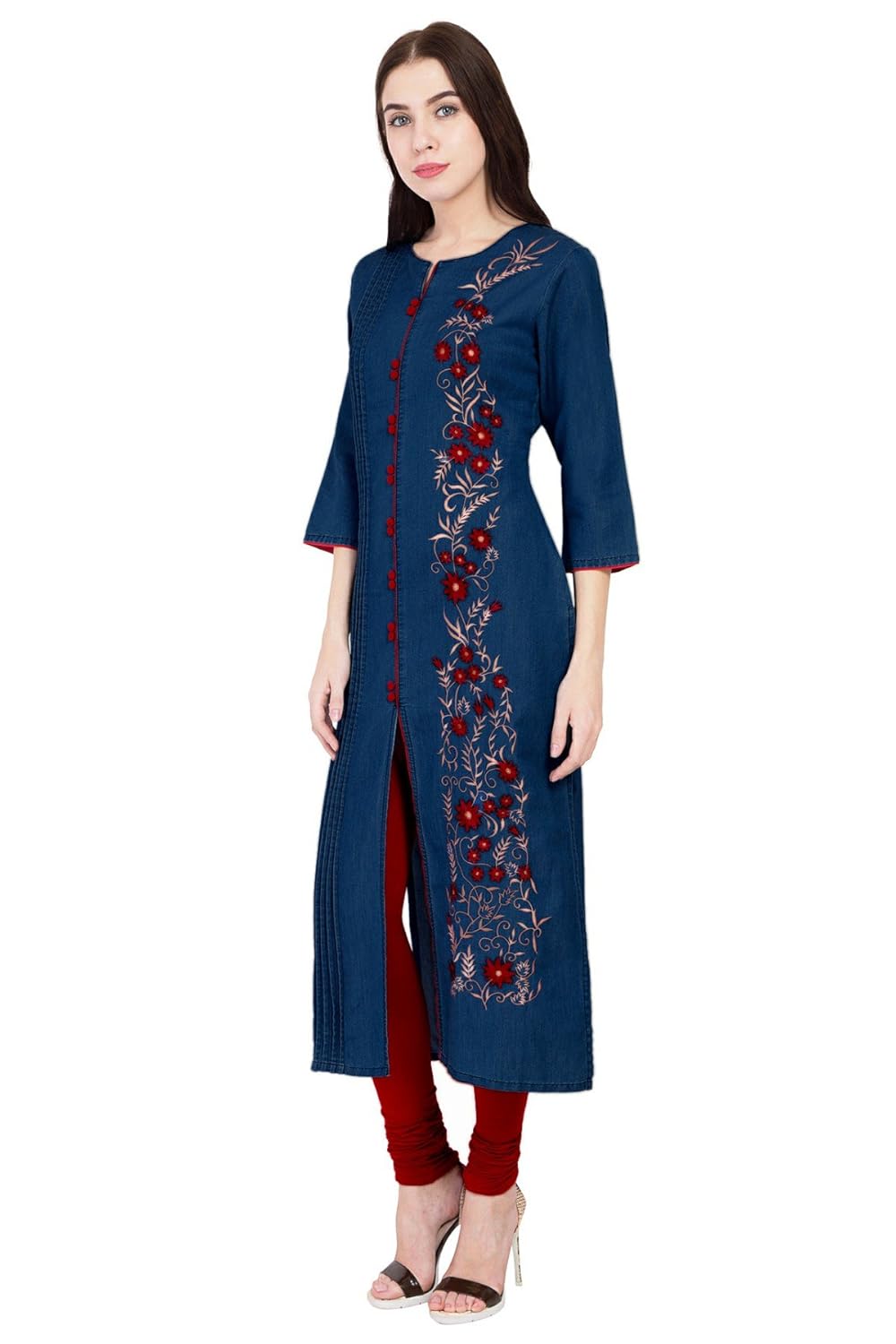 pinky pari women's denim front slit embroidered kurti