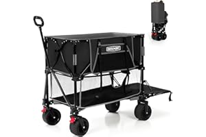 Overmont 400L Foldable Double Decker Wagon - Large Capacity Collapsible Wagon Cart- 52" Extra Long Extender - All-Terrain Big Wheels for Camping, Football Game, Sports Events, Support Up to 450lbs