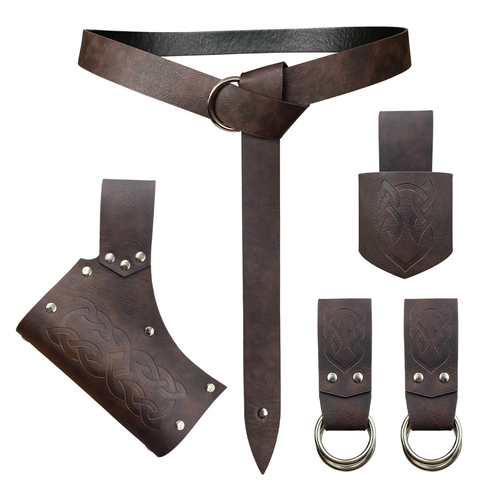 HiiFeuer 5 Pieces Medieval Belt Costume Accessories Renaissance Skirt Hike Viking Horn Belt Holster Dagger Holster Sword Frog (Brown A)