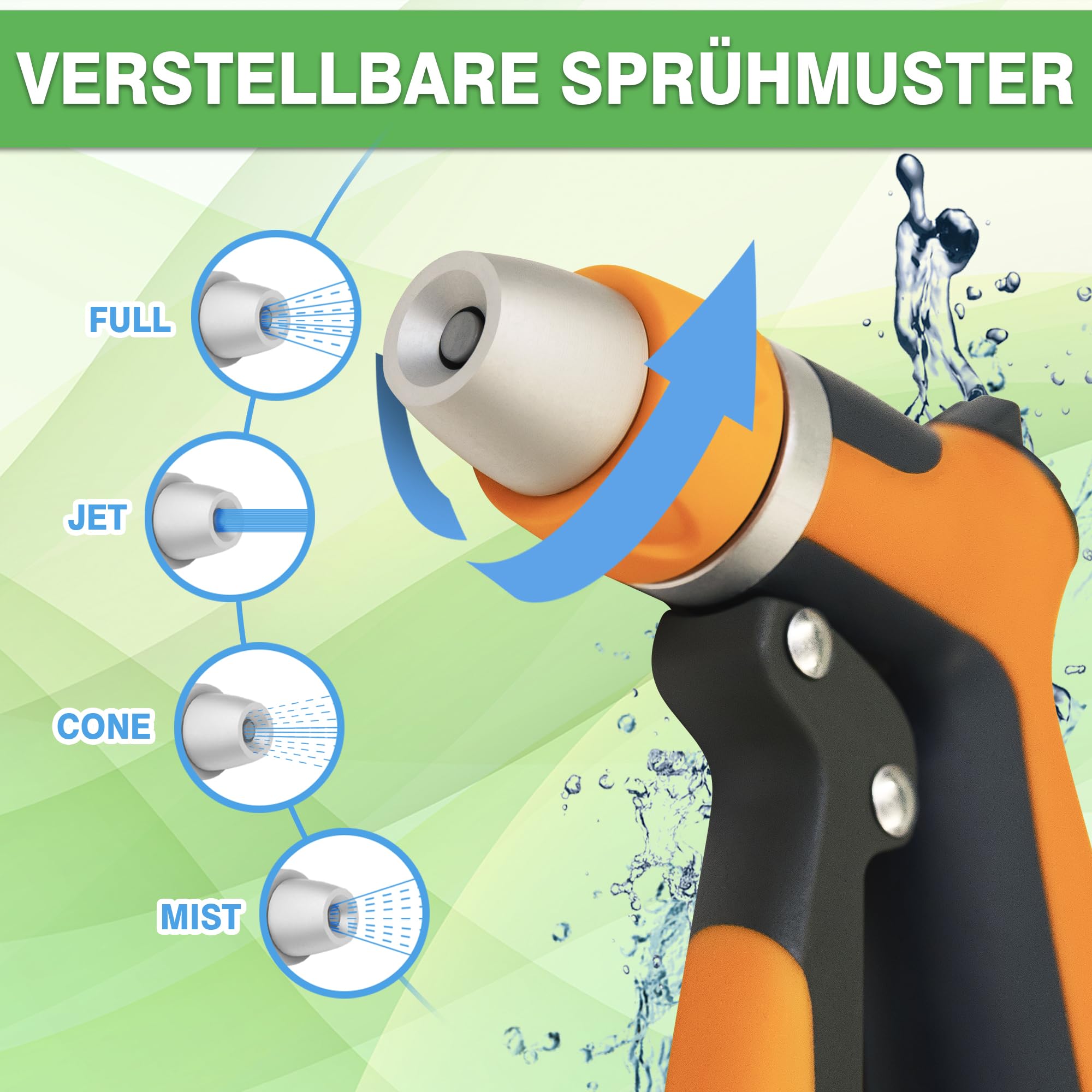 YourCasa Gartenbrause aus Aluminiumgehäuse - Gartenspritze verstellbaren Sprühmustern - Brause Spritze mit Gartenschlauch Aufsatz - Handbrause - Garten Wasserspritze Düse Reinigungsspritze (Orange) 4