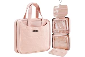 kissleaf Travel Toiletry Bag, Waterproof Makeup Travel Bag, Portable Makeup Bag, Travel Toiletry Bag with Hooks, Accessory Organizer, Shampoo, Full Size Container-Gift for Women, Pink
