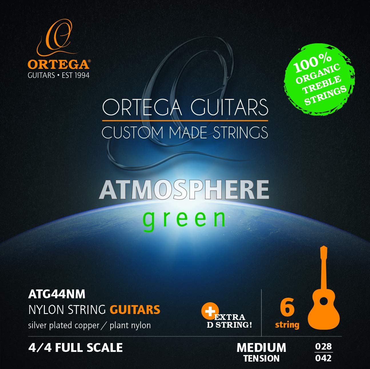 Ortega Guitars Nylon Guitar Strings – Set for 4/4 Guitar, Medium – Atmosphere Green Series – Extra D String – Plant-Based Nylon/Silver-Plated Copper (ATG44NM)