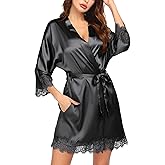Ekouaer Womens Silk Robe Short Lace Trim Satin Robe 3/4 Sleeve Sexy Kimono Bride Bathrobe Comfy Sleepwear with Pockets