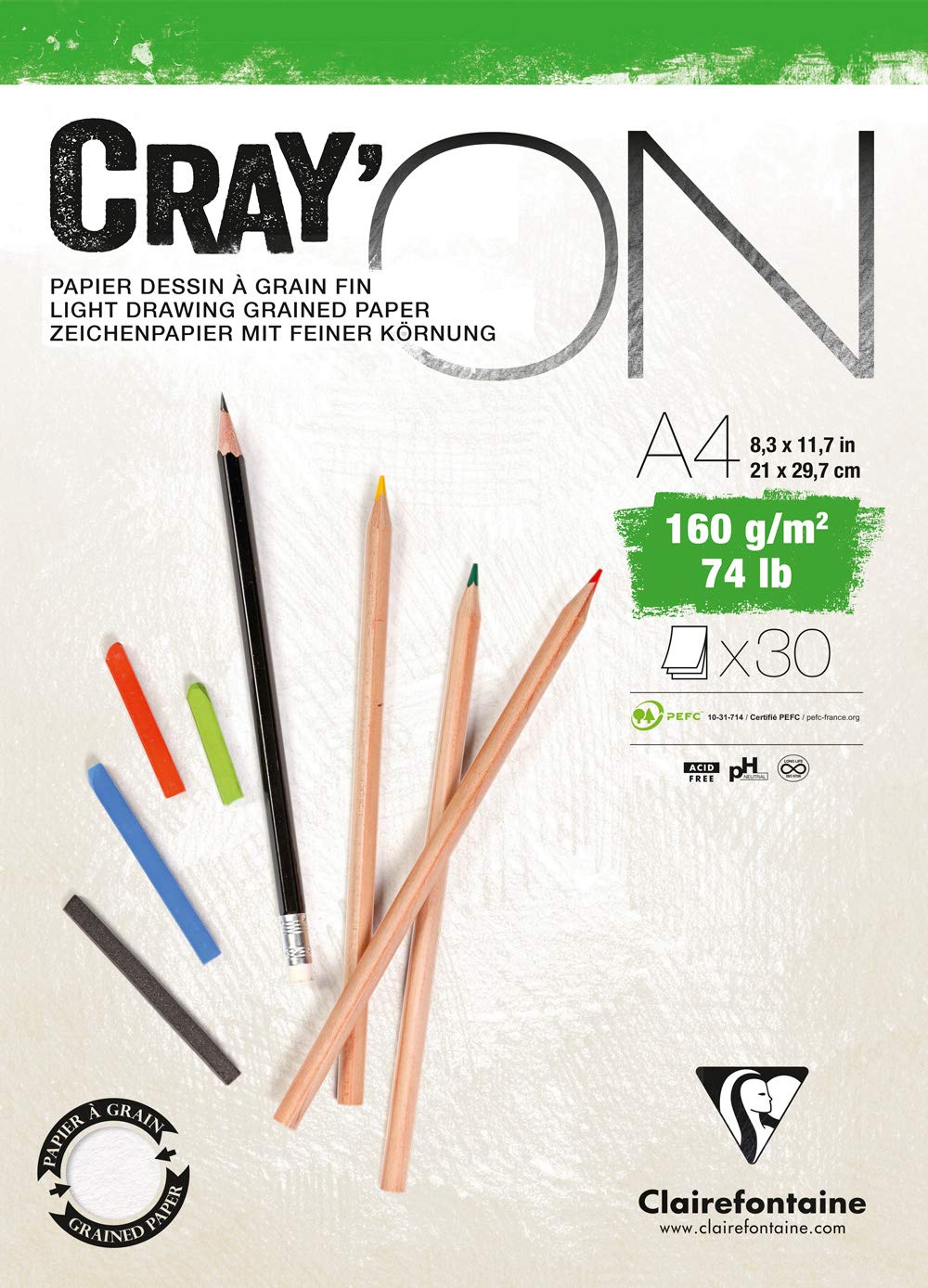 Clairefontaine - Ref 975027C - Cray'On White Glued Sketch Pad (50 Sheets) - A4 (21 x 29.7cm) Size, 160gsm 100% Cellulose Paper, Grained One Size & Smooth Other Side