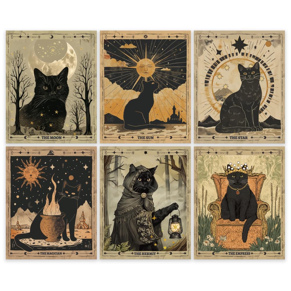 GOMAKERER 6Pcs Black Cat Tarot Art Posters, Vintage Prints Retro The Sun Moon Star Forest Unframed Mystical Decor, Themed Wall Art for Home Office School Living Room