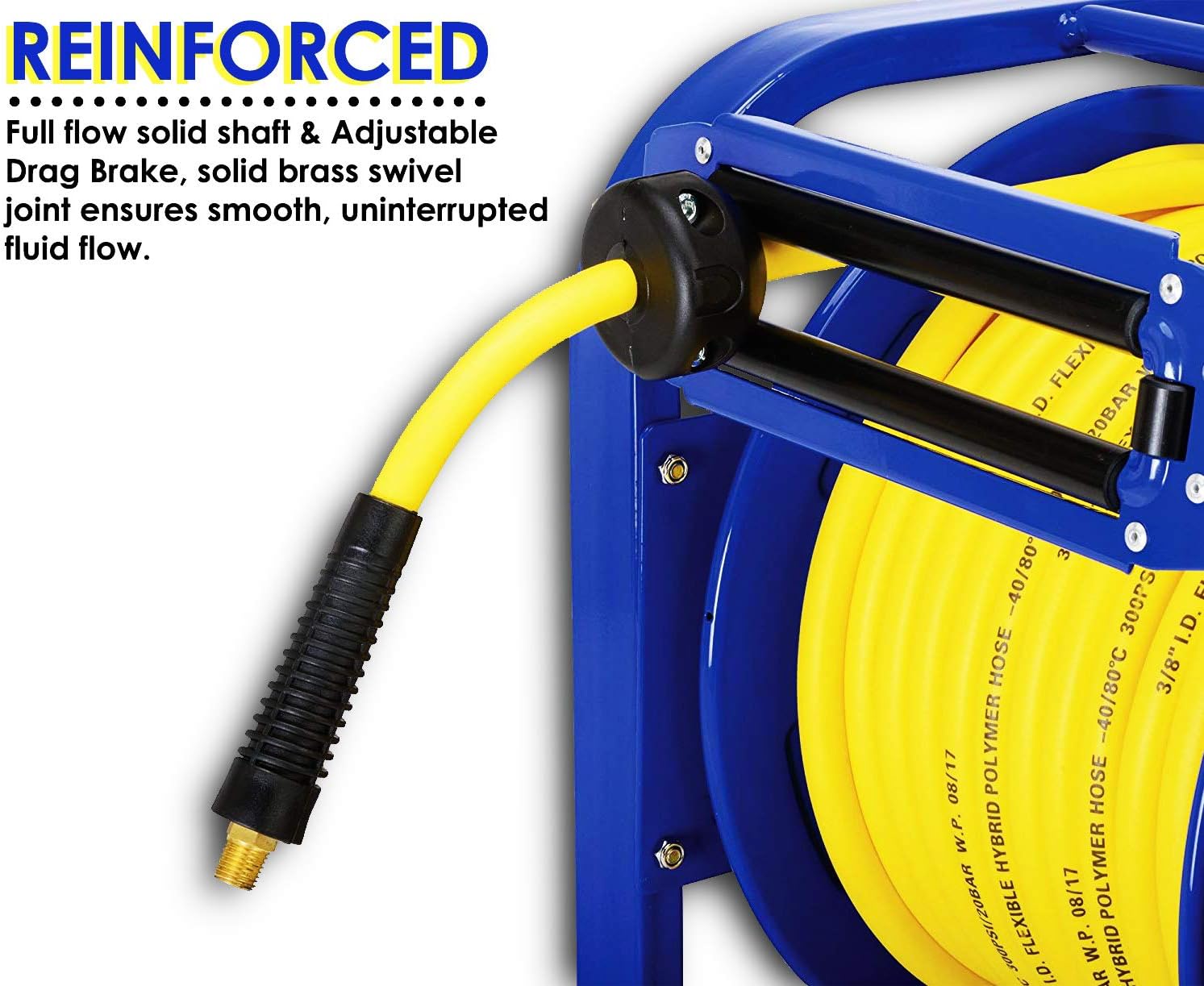 GOODYEAR Air-Hose-Reel Retractable 3/8" Inch x 100 Feet 300 Psi / 20 Bar Spring Driven Steel Elite Portable Quad Pod Heavy Duty Industrial Longest Premium Commercial Flex Hybrid Polymer - - 