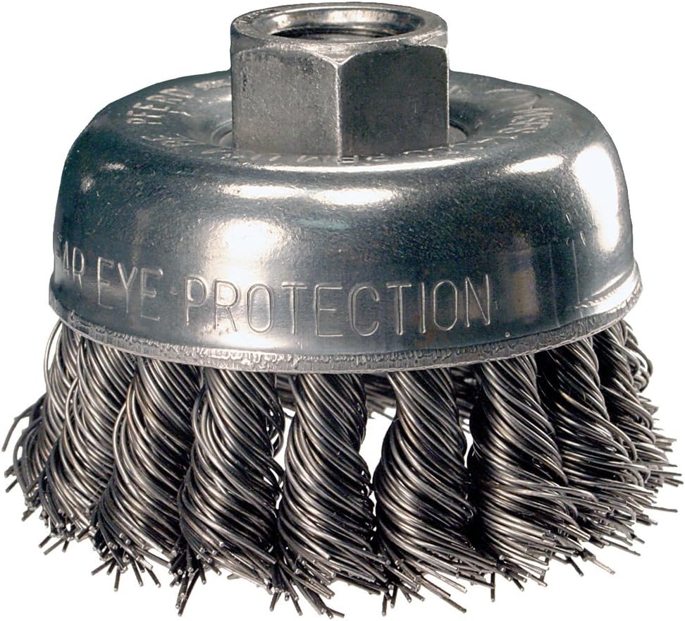 PFERD 82529 Single Row Power Knot Cup Wire Brush with External Nut and Standard Twist, Threaded Hole, Carbon Steel Bristles, 5" Diameter, 0.023" Wire Size, 5/8"-11 Thread, 7000 Maximum RPM