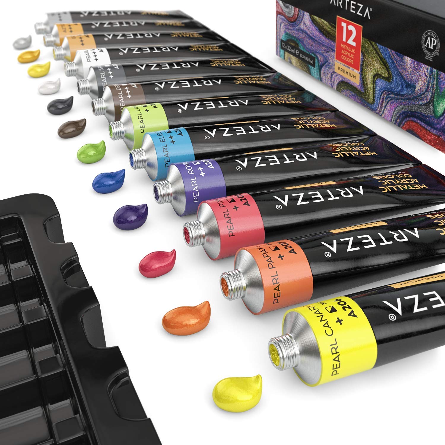 ARTEZA Metallic Acrylic Paint, Set of 12 Colors/Tubes (22 ml, 0.74 oz