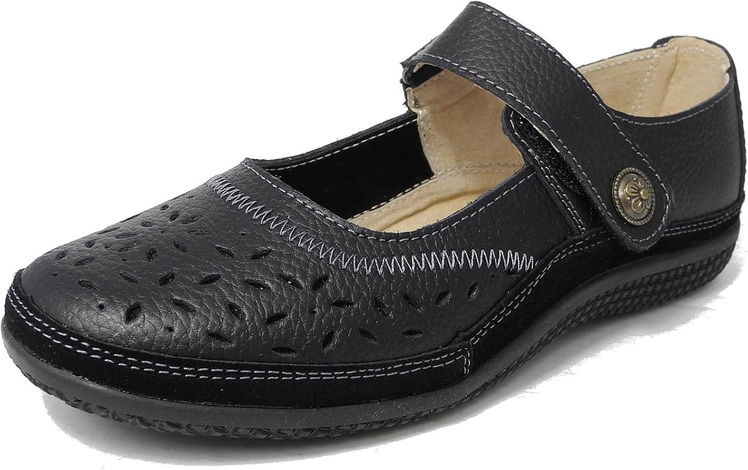 Womens Ladies X Wide EEE Fit Leather Shoes Touch Fastening Black White