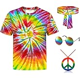 kooirsp Hippie Costume for Men Women 4PCS Mens 60s 70s Outfit Set Colorful Hippie Shirt Sunglasses Headband Peace Necklace