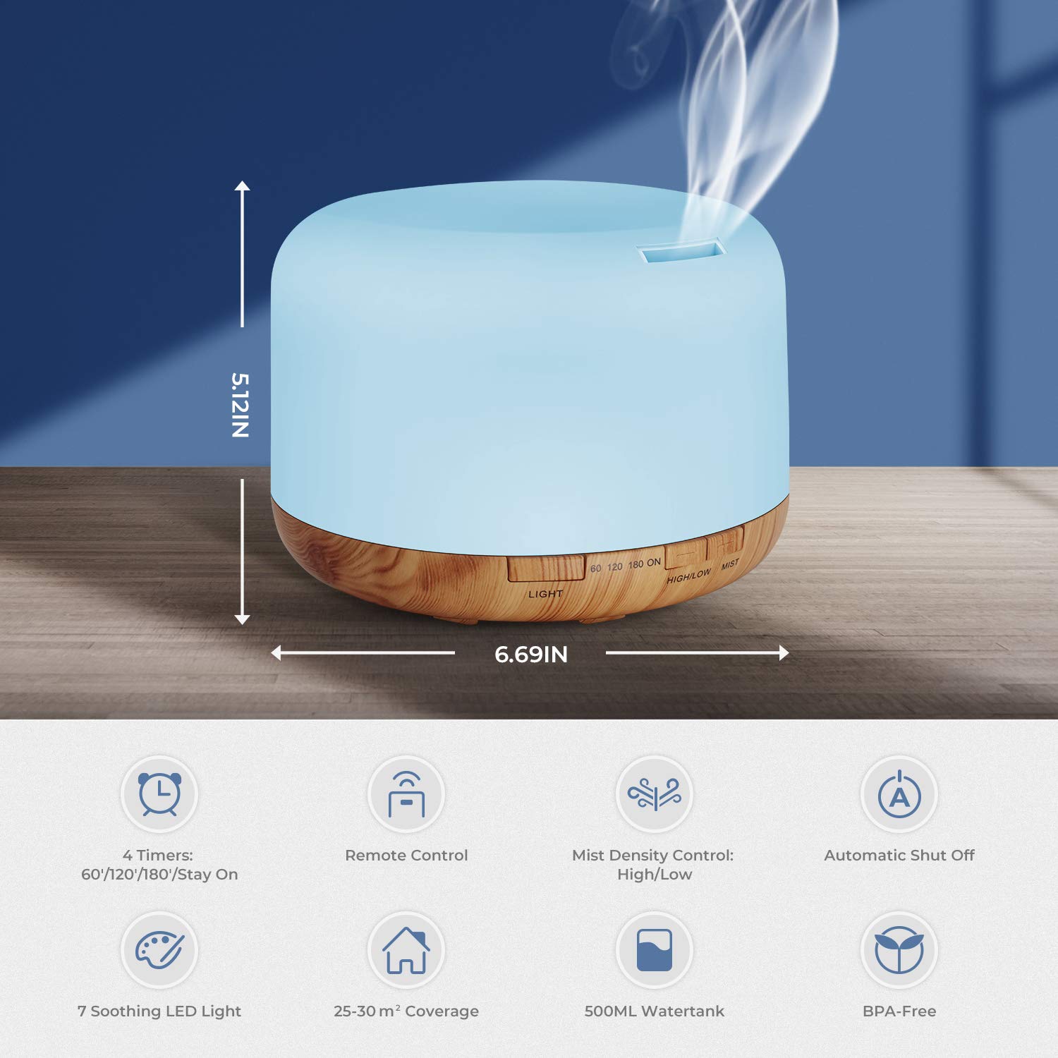 UOKIER Essential Oil Diffuser, 500ml Diffusers with Remote Control, BPA-Free Ultrasonic Aromatherapy Diffuser Humidifier with Adjustable Mist Mode, Mood Light, Timer Setting & Waterless Auto-Off : Beauty