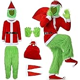 JONRRYIN Green Monster Costume Adult, 9 Pcs Deluxe Green Furry Santa Claus Costume Men Set with Mask for Christmas Cosplay