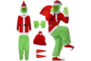 JONRRYIN Green Monster Costume Adult, 9 Pcs Deluxe Green Furry Santa Claus Costume Men Set with Mask for Christmas Cosplay