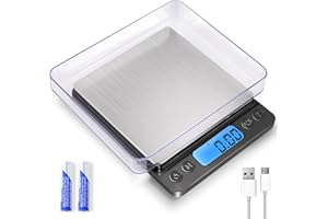 Small Digital Gram Scale 1000g by 0.01g, MEIYA High Accuracy Scale for Food Ounces and Grams, Upgrade USB Charging Kitchen Scale Digital Weight for Cooking, Baking, with Tare Function, 9 Units, 2 Tray