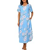 Marvmys Women Short Sleeves Long Nightgown Super Soft Sleepwear Comfy V Neck Cotton Nightshirts with Pocket