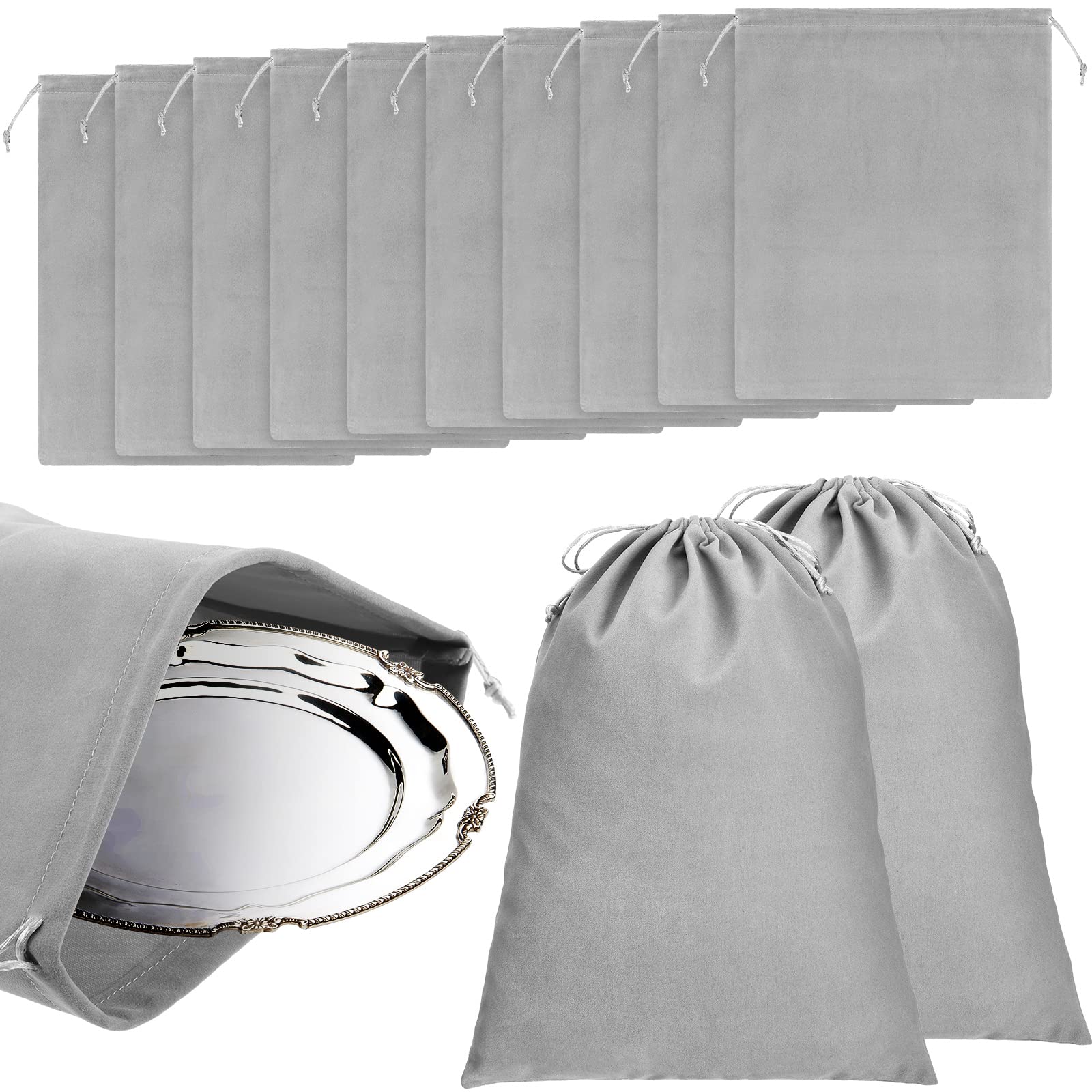 Photo 1 of 10 Pcs Silver Storage Bags, 9 x 11.8 Inch Fabric Cloth Anti Tarnish Bags for Silver Jewelry Silverware Protection Flatware Silverplate Tarnish Cleaning(Dark Gray)