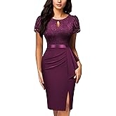 Miusol Women's Elegant Scoop Neck Puff Sleeve Floral Lace Ruffle Style Cocktail Party Dress