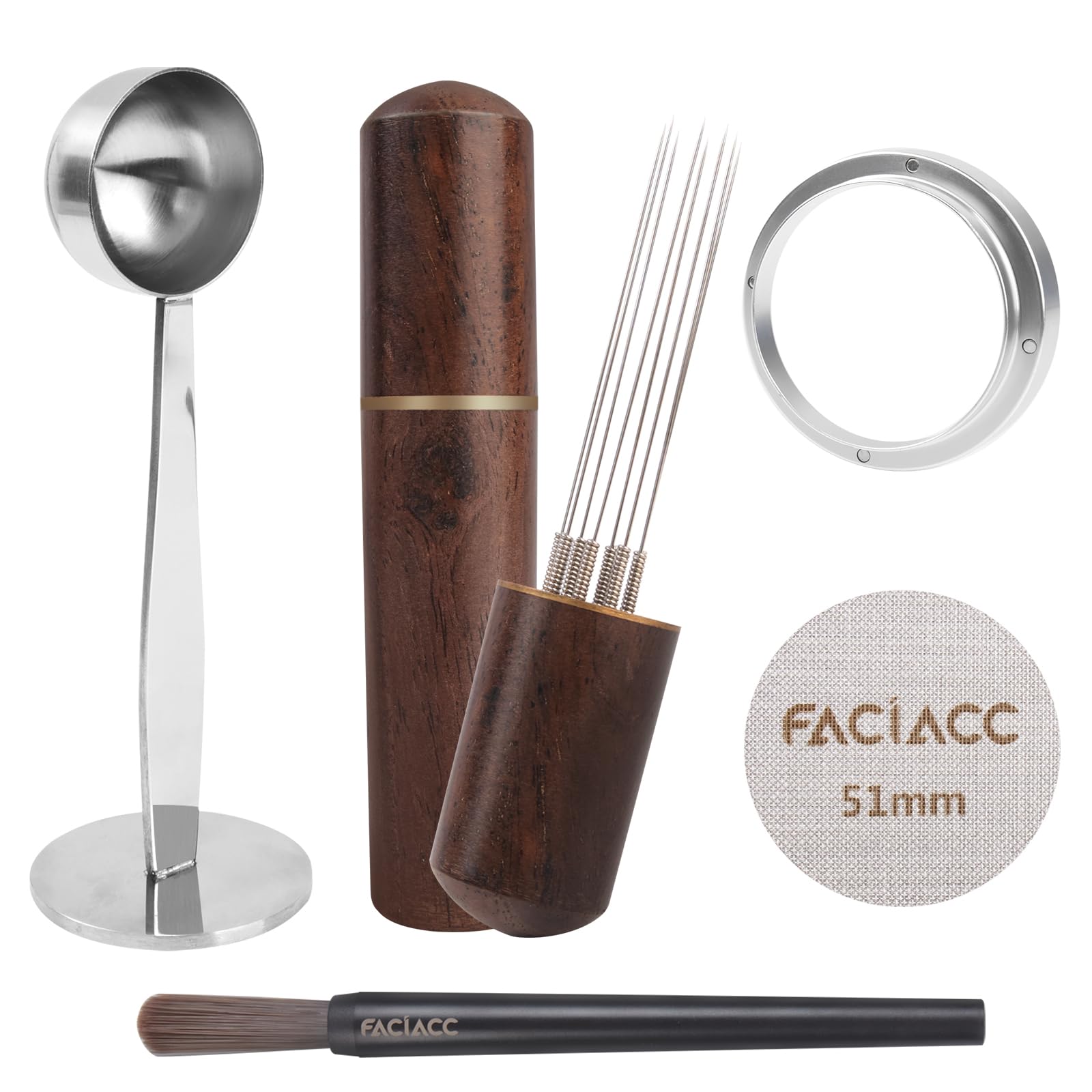 FACIACC 5Pcs Espresso Accessories Set, Wdt Tool Espresso, Dosing Funnel & Puck Screen Kit, 2 in 1 51mm Espresso Tamper & Coffee Spoon, Barista Kit, Espresso kit Stainless Steel 8pin Espresso Stirrer