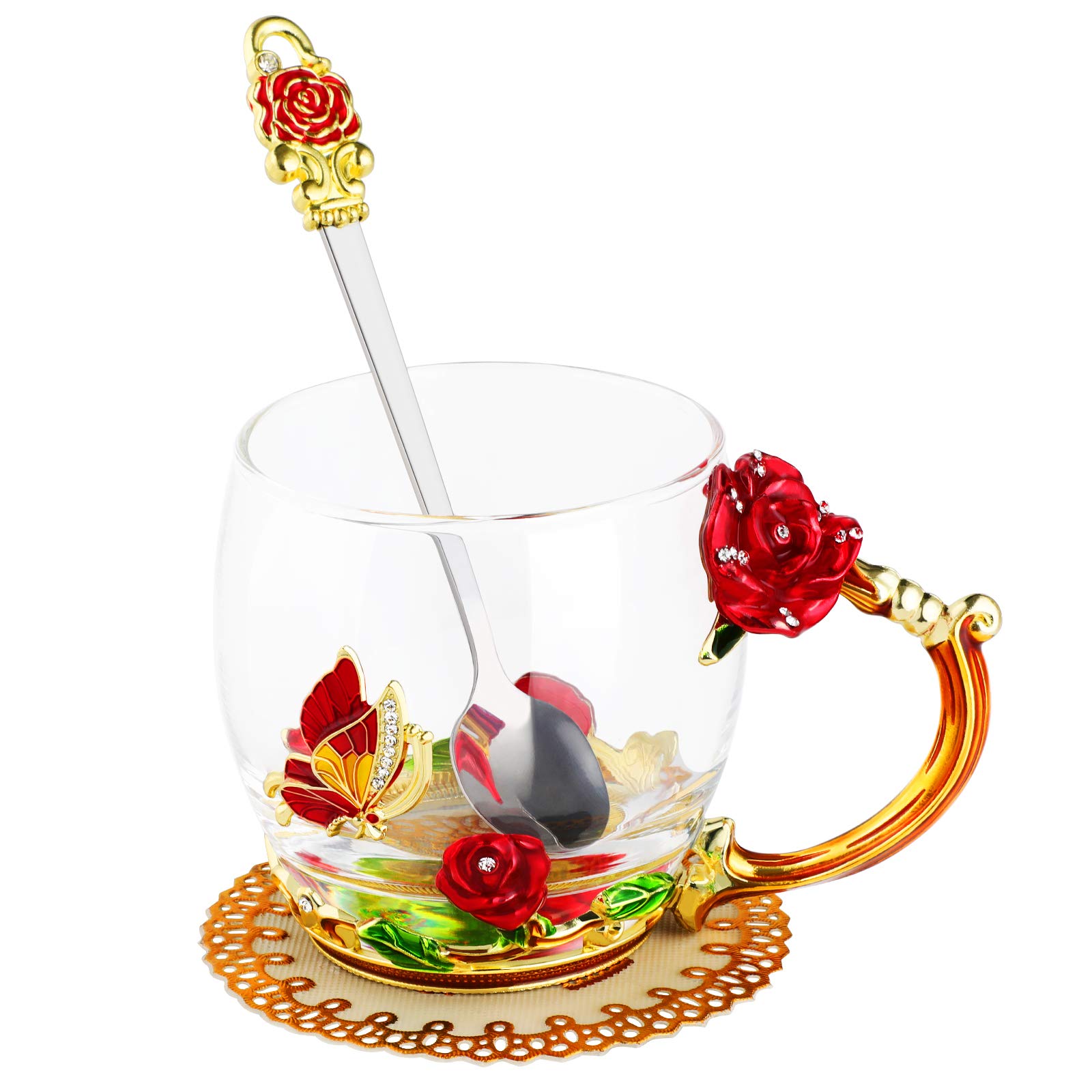 WD&CD Rose Butterfly Glass Tea Coffee Cups Mugs with Spoon and Coaster, Gifts for Her Girlfriend Wife Mum Women on Christmas Valentine's Day Mother's Day Anniversary, Red Short