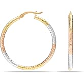 LeCalla 925 Sterling Silver Two-Tone Three-Tone Hoop Earrings | Round Shape Polished Italian Diamond-Cut Twisted Earring Hoops for Women