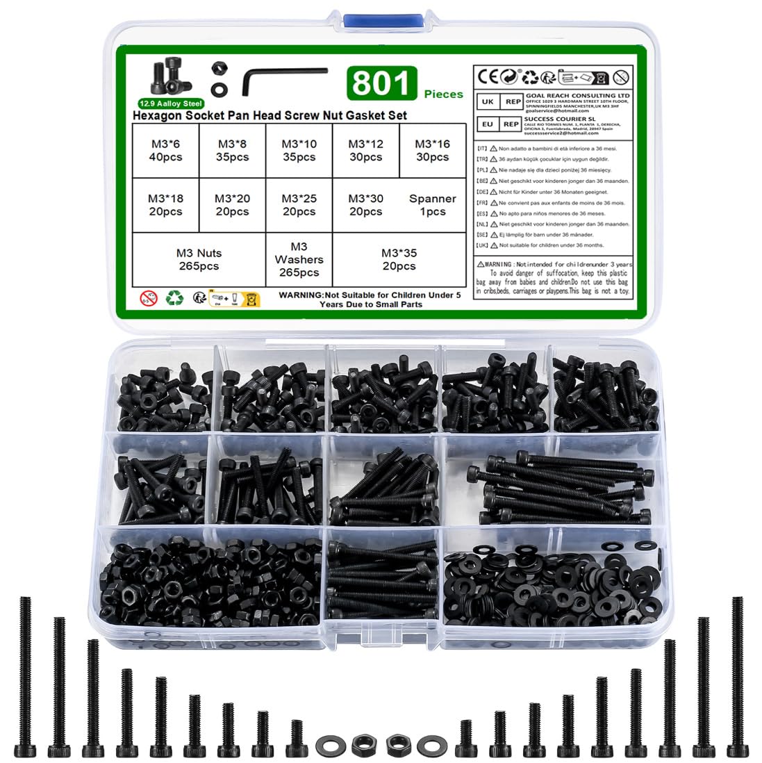 M3 Nuts and Bolts Set, 801 Pcs Hexagon Socket Head Cap Screws, Black Hex Socket Cap Head screws, Machine Screws Bolts and Nuts and Flat Washers Assortment Kit, for Bicycle Motorcycle Repair — image 1
