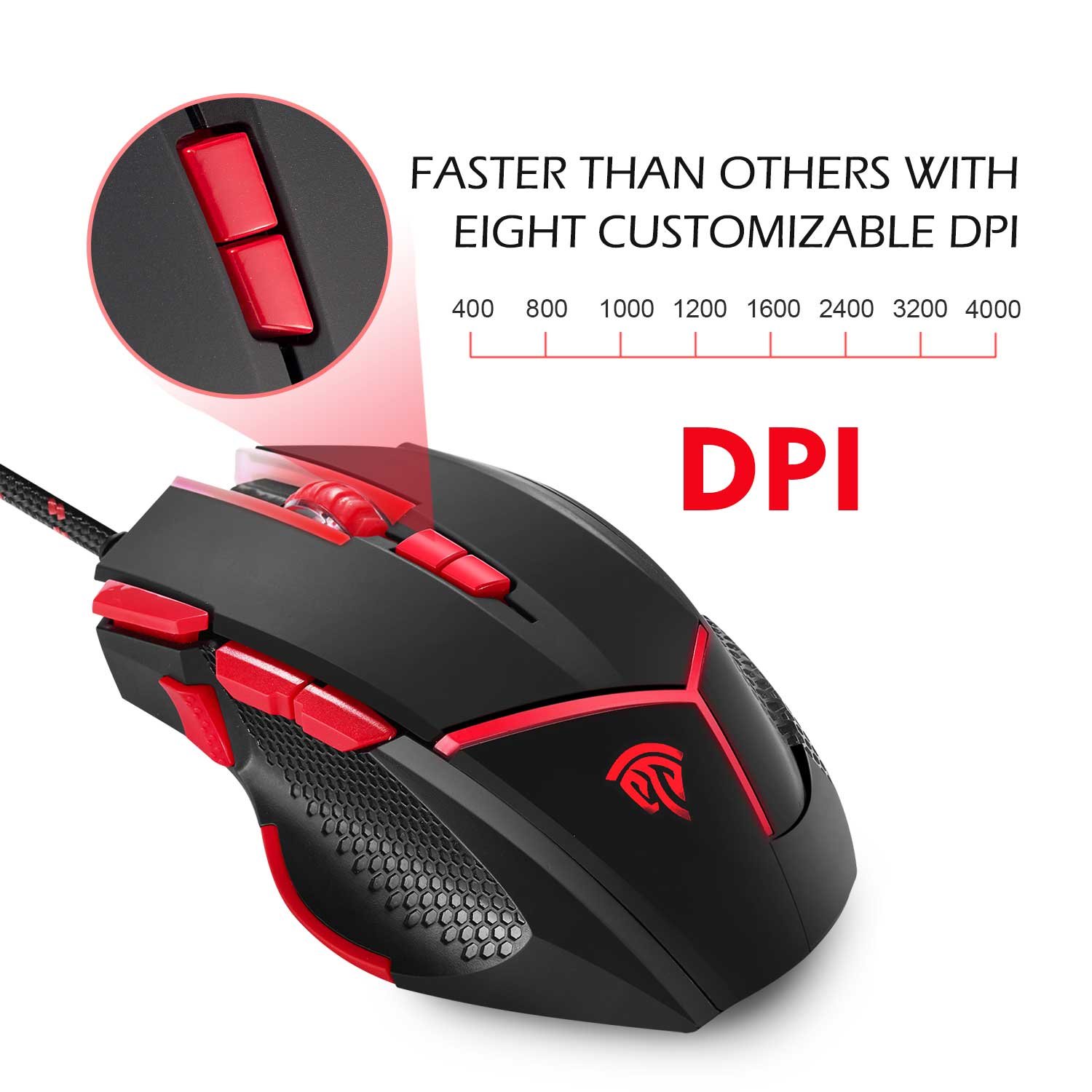 [Wired Gaming Mouse 4000 DPI 9 Buttons Programmable] EasySMX V18 Optical Mouse Weight Tuning Set Non-slip Design with LED Light Fire/Sniper Button for Laptop PC Computer Gamer (Black and Red)