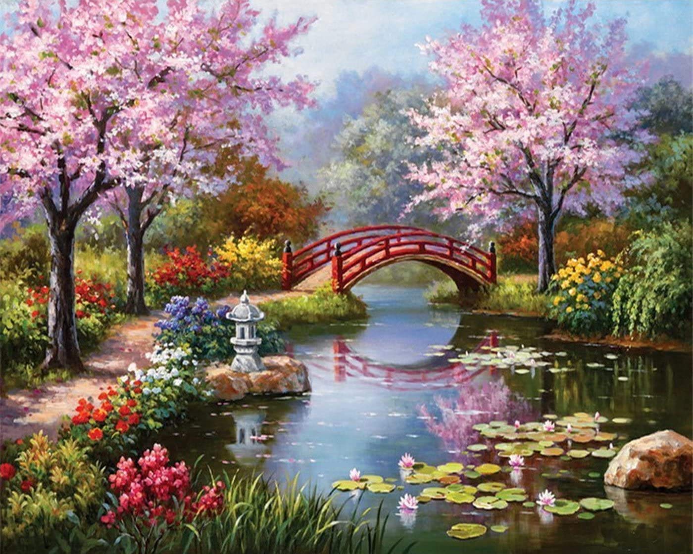 Cross Stitch Kits Stamped, OWN4B Garden Beautiful Lake View Printed Pattern 11CT 14.2x18.1 inch DIY Embroidery Kit (Lake)