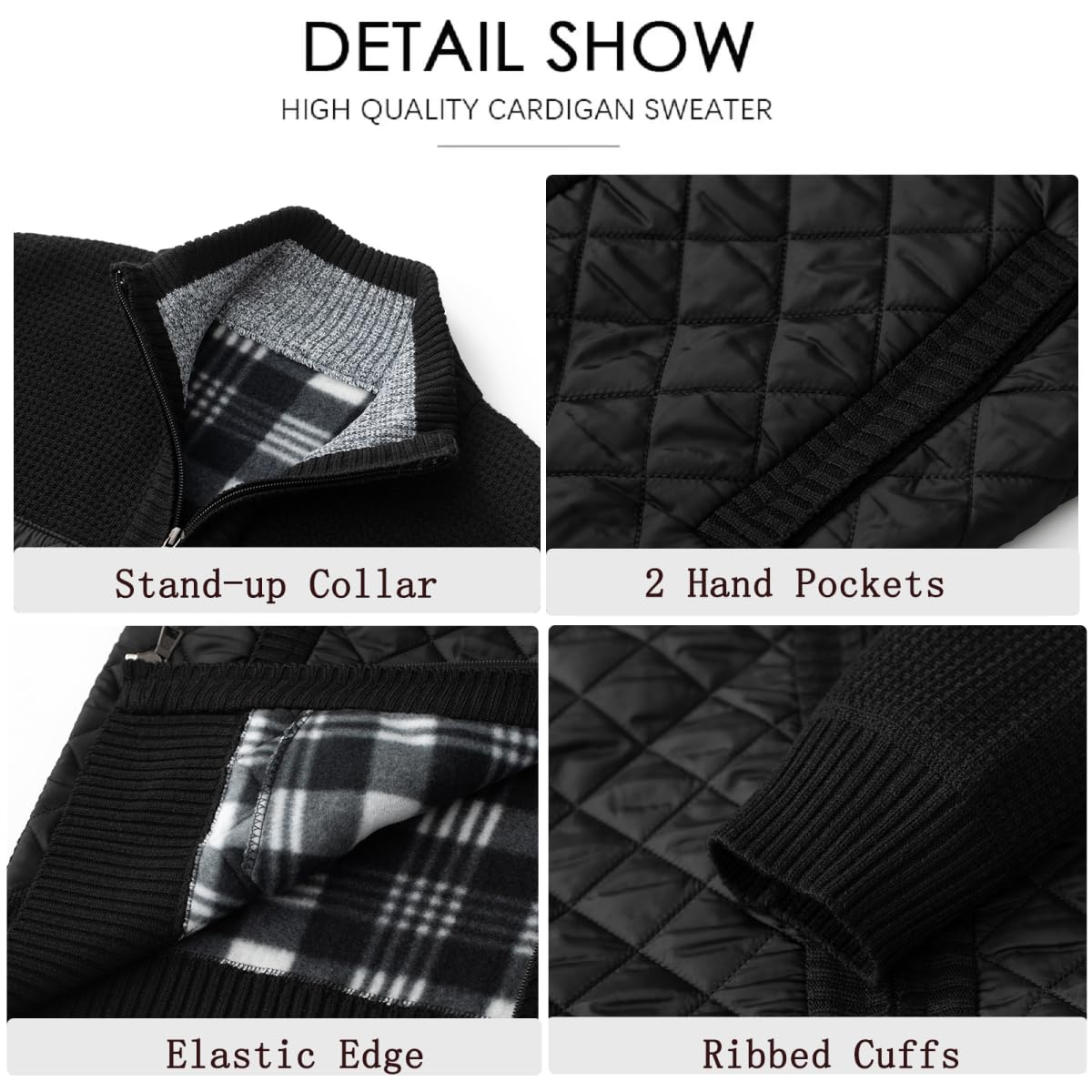 AKuVoL Men's Cardigan Sweaters Full Zip Stand Collar Slim Fit Long Sleeve Knitted Sweater with Pockets Black S