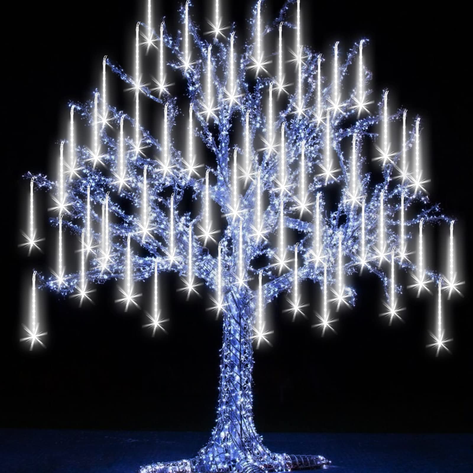 Grandisk Meteor Lights LED Meteor Shower Lights with 8 Tubes 192 LEDs Falling Rain Drop String Lights Waterproof Icicle Snow Fall String Lights for Christmas Tree(8 Tubes,White)