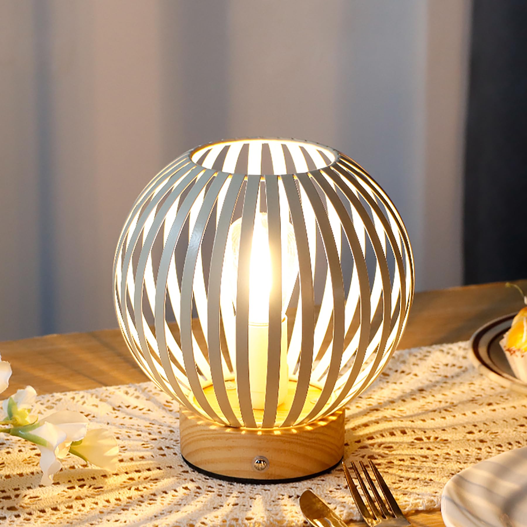JHY DESIGN Touch Bedside Table Lamp Metal Cage LED Lantern Wireless Light with Bulb Cordless Accent Lighting for Weddings Parties Patio Events for Indoors Outdoors(Round)