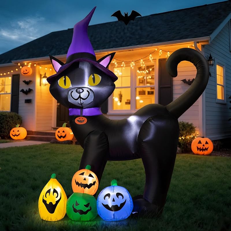 180CM Black Katze Halloween Aufblasbare Dekoration – Aufblasbare Zaubererkatze Gartendeko mit integrierten LED Leuchten – Blow Up Halloween Decoration Outdoor für Rasen Garten Party — Foto 2 von 8