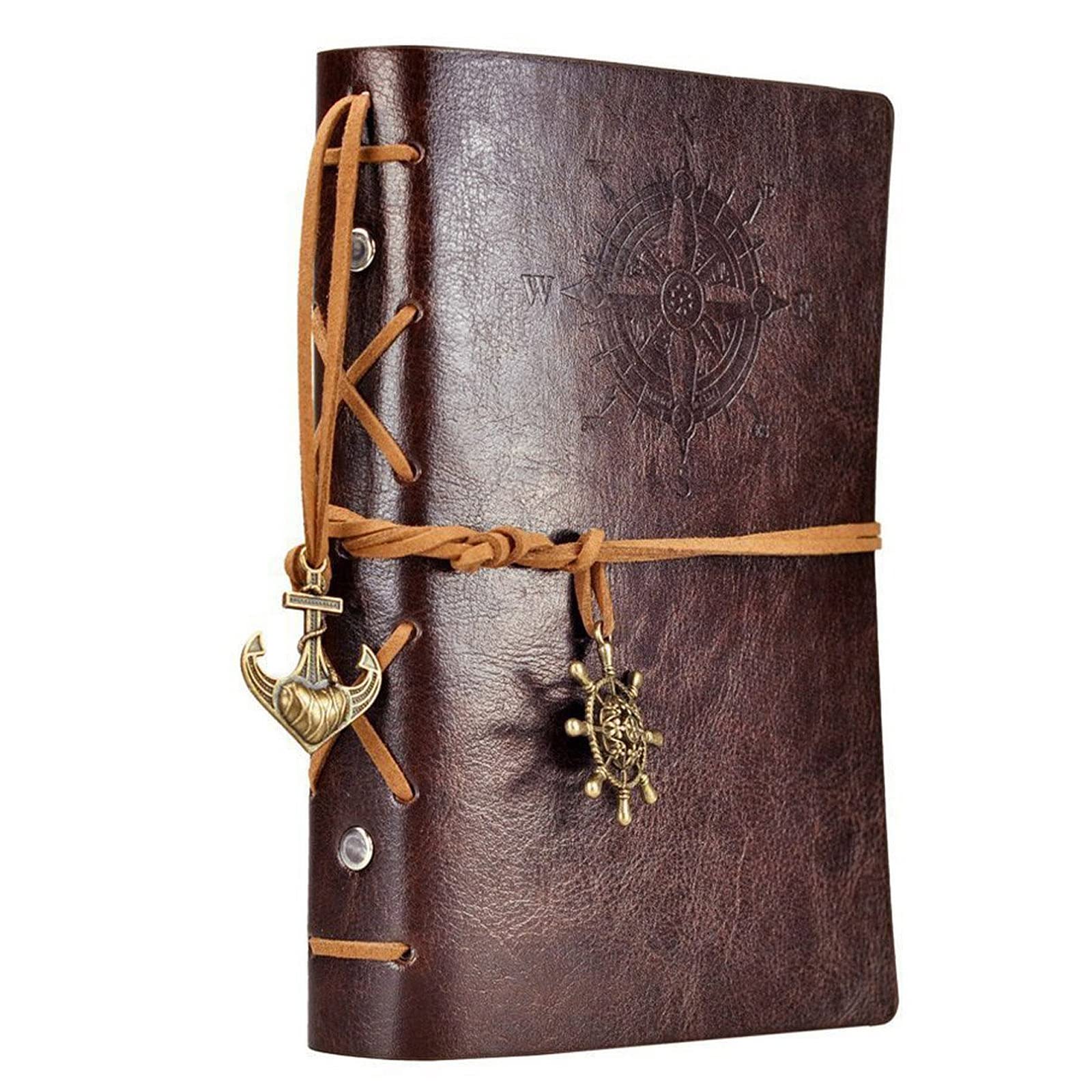 NectaRoy Vintage Retro PU Leather Cover Notebook Journal Diary, Nautical Spiral Blank String Daily Notepad Travel to Write in, Kraft Paper, Classic Embossed, Loose Leaf