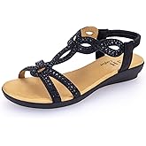 VJH confort Women’s Flat Sandals,Comfort Elastic Strap Rhinestone Open Toe Slip-On Casual Walking Sandals