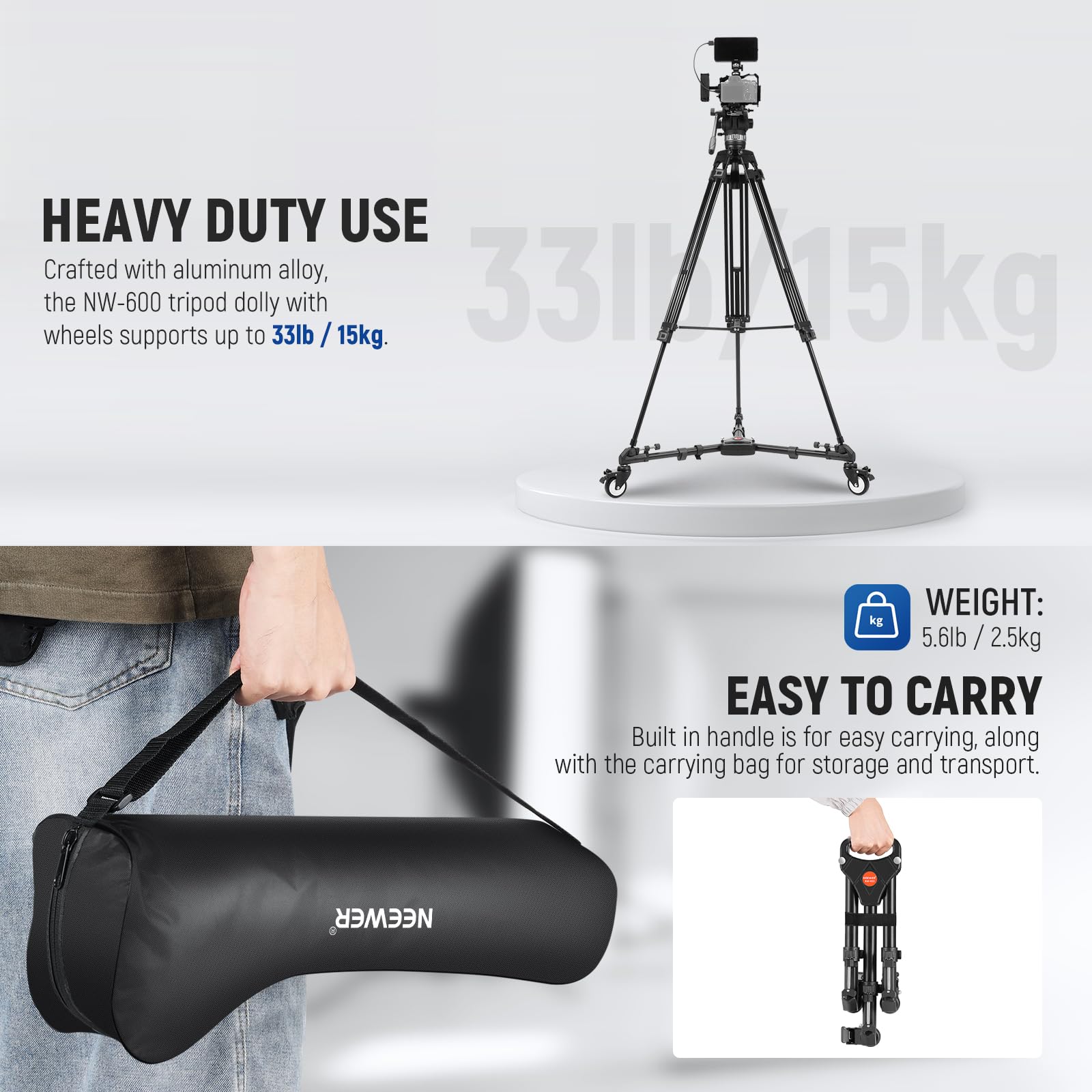 NEEWER Photography Tripod Dolly, Heavy Duty 50lbs Capacity Tripod Wheels with 3
