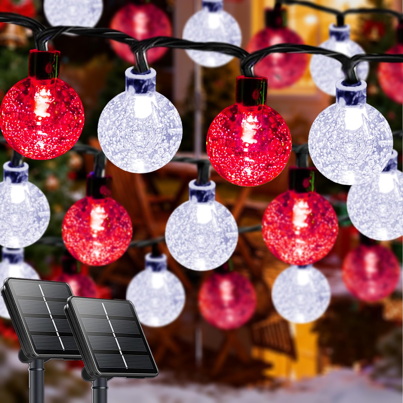 Photo 1 of (MISSING ONE) Red and White Solar Christmas String Lights, 2-Pack Total 100 LED 64FT Crystal Globe Solar Lights Outdoor Waterproof, Christmas Decorations with 8 Lighting Modes for Xmas Tree Wedding Patio Party