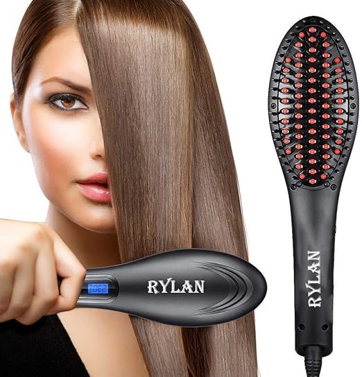 RYLAN Hair Electric Comb Brush 3 in 1 Ceramic Fast Hair Straightener For Women's Hair Straightening Brush with LCD Screen, Temperature Control Display,Hair Straightener For Women (Black-)