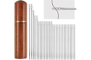 HOYDATE 30pcs Self Threading Needles with Wood Needle Case Easy Thread Sewing Needles Assorted Hand Stitching Needles for DIY Embroidery Sewing (Silver)