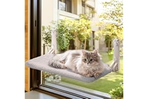 Mewoo Cat Window Perch, Cordless Window Hammock with Steel Frame and Removable Soft Cover, Embeded Cat Seat with 4 Strong Suction Cups (Grey, 1 Pack)