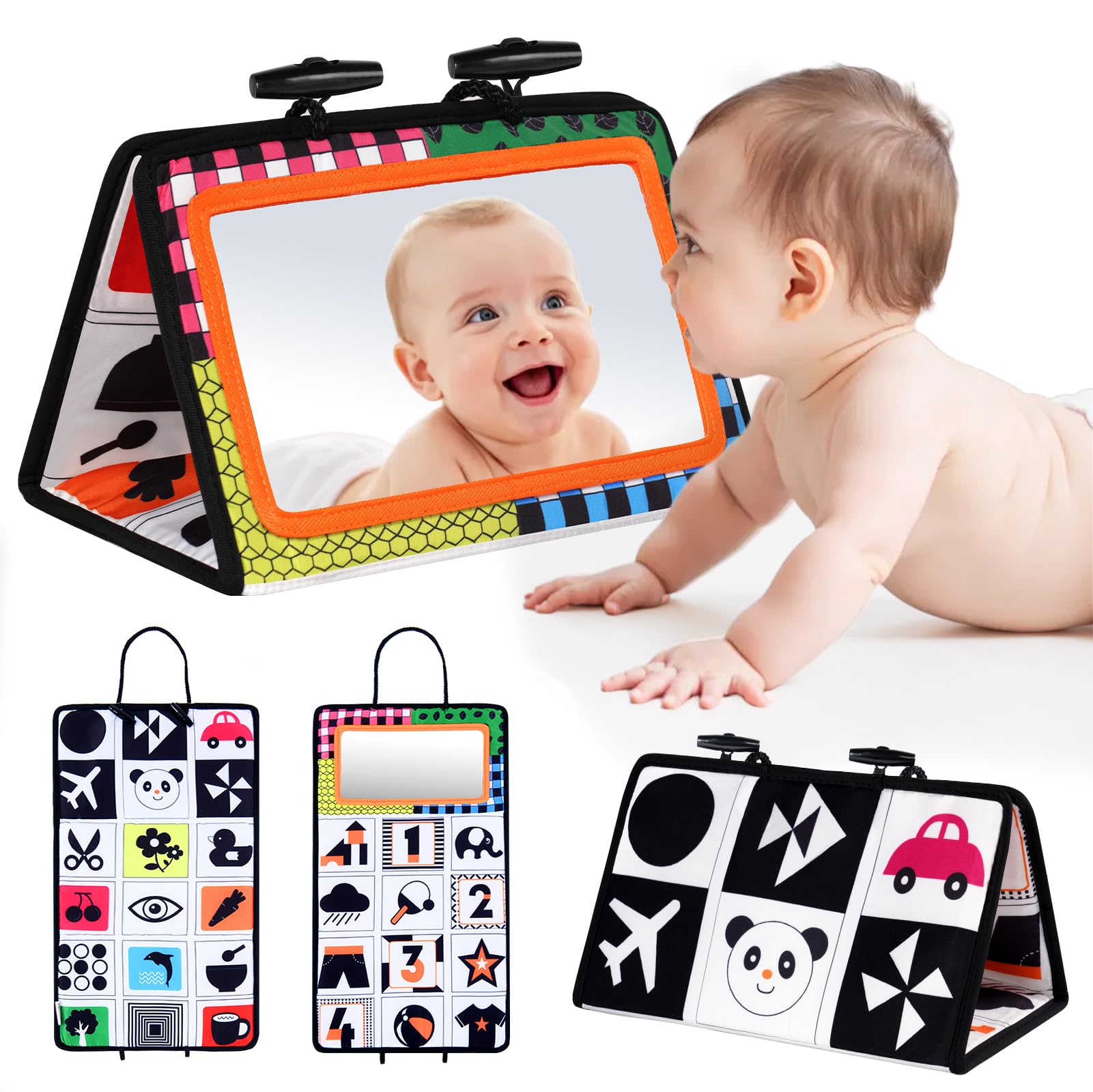 Vicloon Tummy Time Mirror, Baby Mirror Black and White Sensory Toys Tummy Time Activity Mirror, Baby Mirror Toy Safe Foldable with High Contrast Patterns Play and Pat Activity Mat for Newborn Infants — image 1