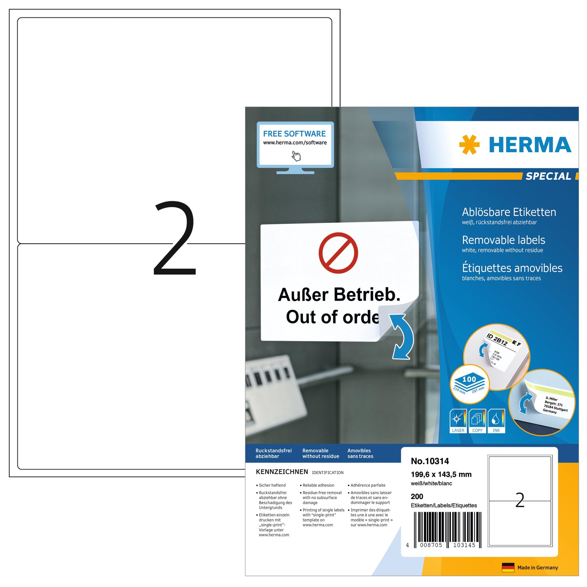 HERMA Self Adhesive Removable Labels, 2 Labels per A4 Sheet, 100 Sheets, 199.6 x 143.5 mm, 200 Labels, Blank Multipurpose Labels Stickers, Sticky Labels for Laser & Inkjet Printer, White