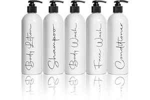 ALORA HOME ESSENTIALS Alora - Set of 5 - Reusable Shampoo and Conditioner Bottles -16oz Pump Bottle Dispenser for Shampoo, Conditioner, Body Wash, Face Wash, Lotion - Empty Refillable Containers for Shower Permanent Labels