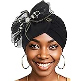 Bohend Big Flower Knotted Headwrap Cap Pearl Beads Pre Tied Turbans Beanie Bow Knot Bonnet Ruffle Stretch Headscarf Hat Women