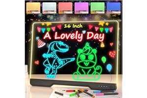 GEOKAY 16-Inch Rechargeable Doodle Glow LED Note Board, 7-Color Light Modes, Neon Art Dry Erase Light Up Drawing Pad with Built-in Stand, Sketching Gift Toy for Kids/Girls/Teens, 5 Markers & Tracing Book
