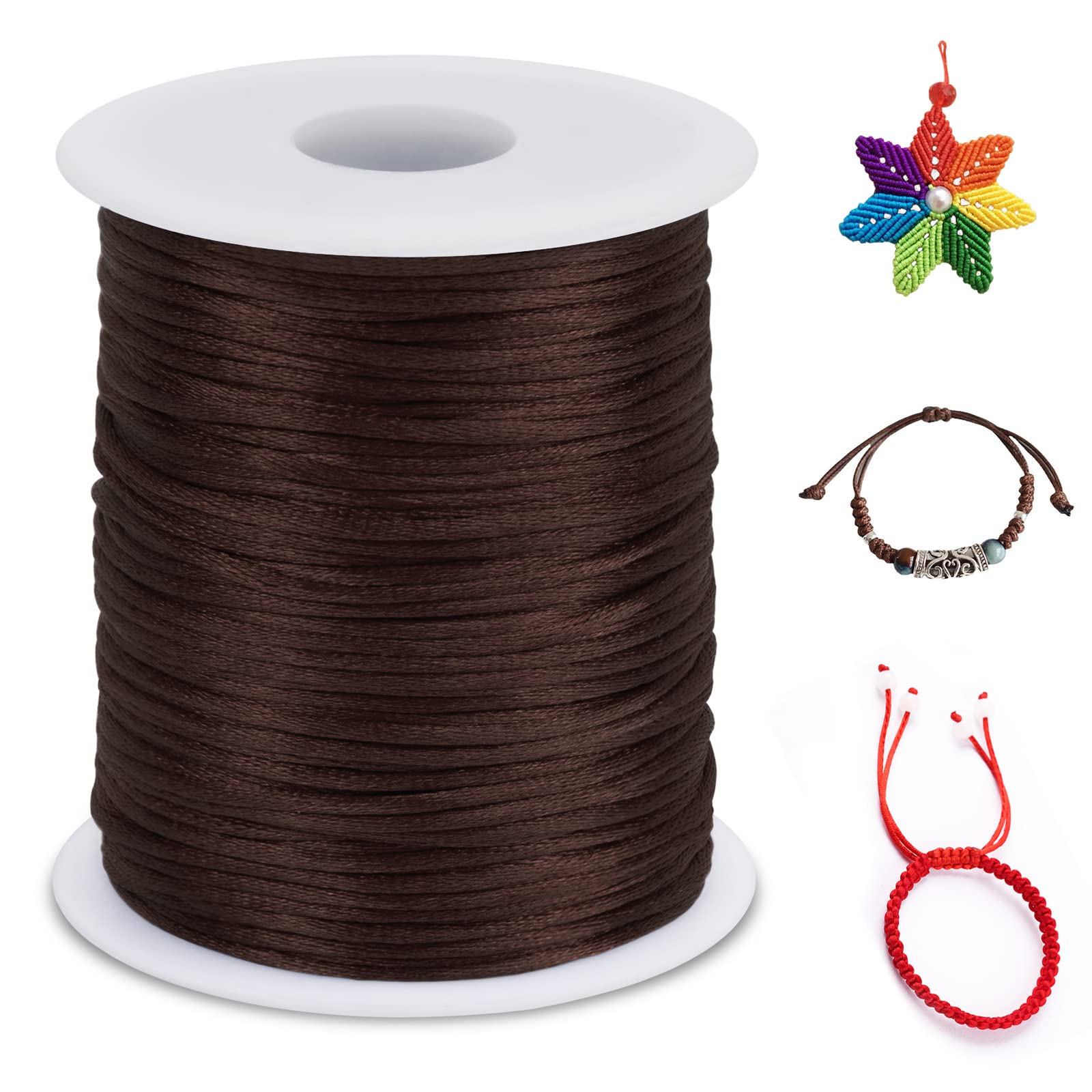 LEREATI Nylon Cord 1.5mm x 100m, Satin Cord Nylon String Macrame Cord, Coloured Beading Thread String for Making Bracelet, Necklace, Chinese Knot, Jewellery (Coffee)