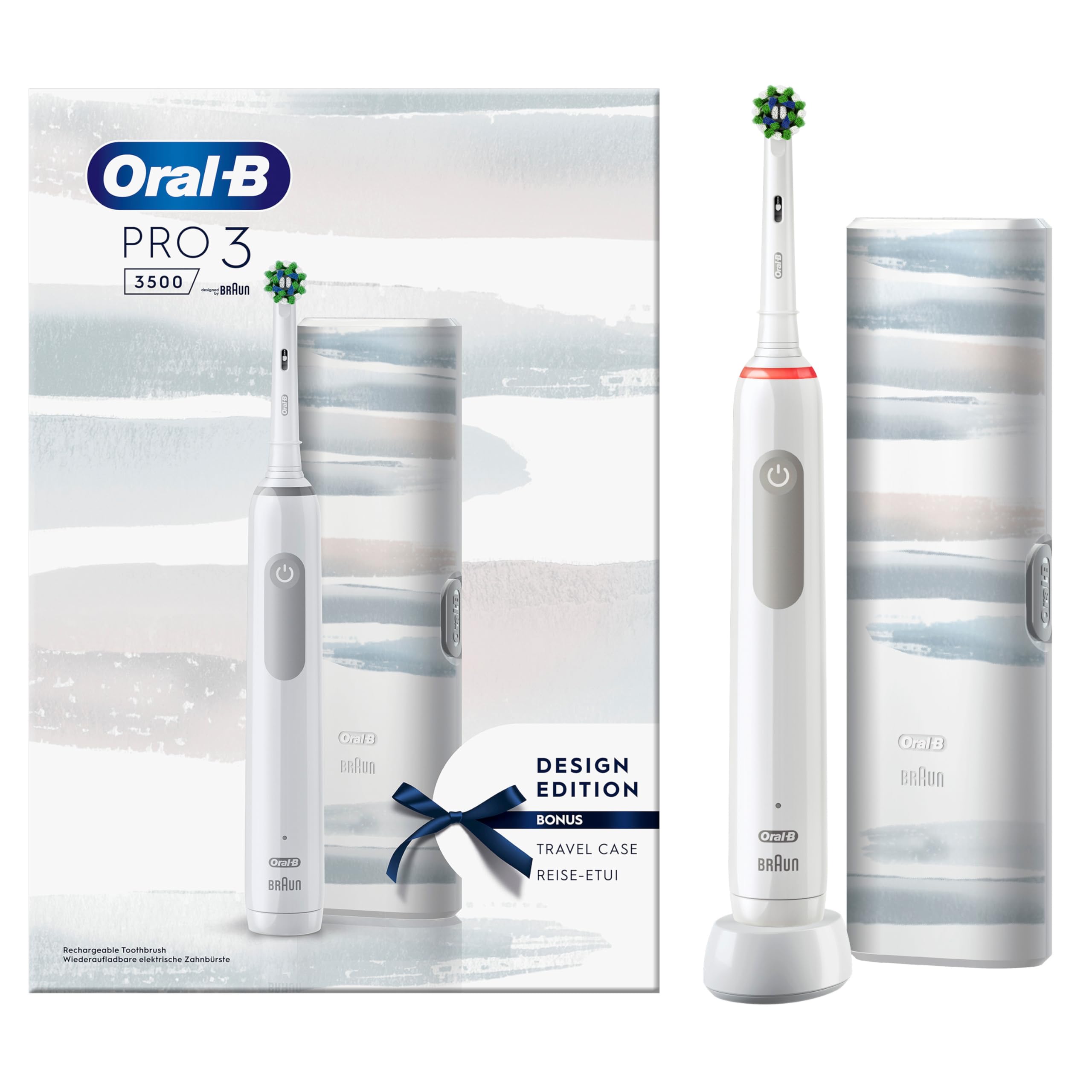 Oral-B PRO 3 3500 Elektrische Zahnbürste/Electric Toothbrush, mit 3 Putzmodi und visueller 360° Andruckkontrolle für Zahnpflege, Reiseetui stripes, Geschenk Mann/Frau, Designed by Braun, weiß