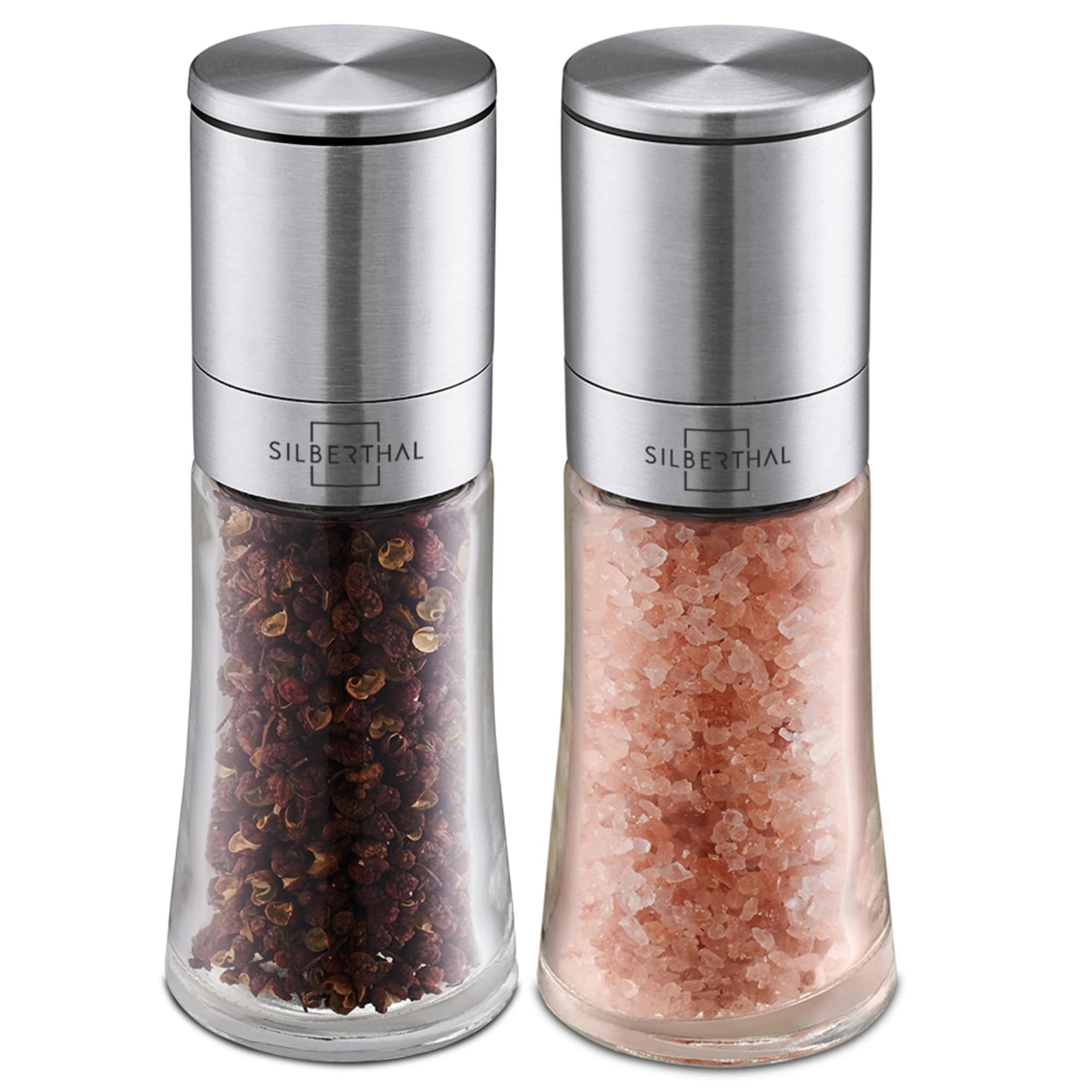 SILBERTHAL Salt and Pepper Grinder Set (Small Size) - 100g Capacity - 130mm x 50mm - Manual Adjustable Coarseness - Glass & Stainless Steel Body